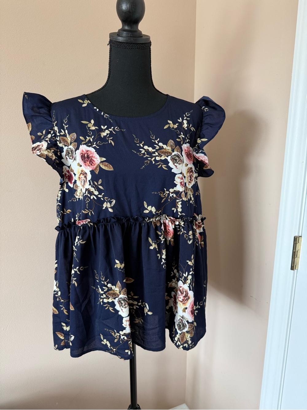 SHEIN Navy Floral Ruffle Sleeve Tunic